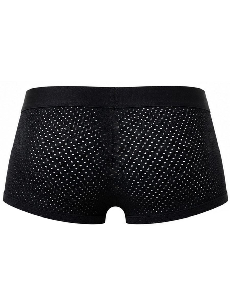 Clever Moda black mesh Ulises trunks shown from the back with a wide waistband.
