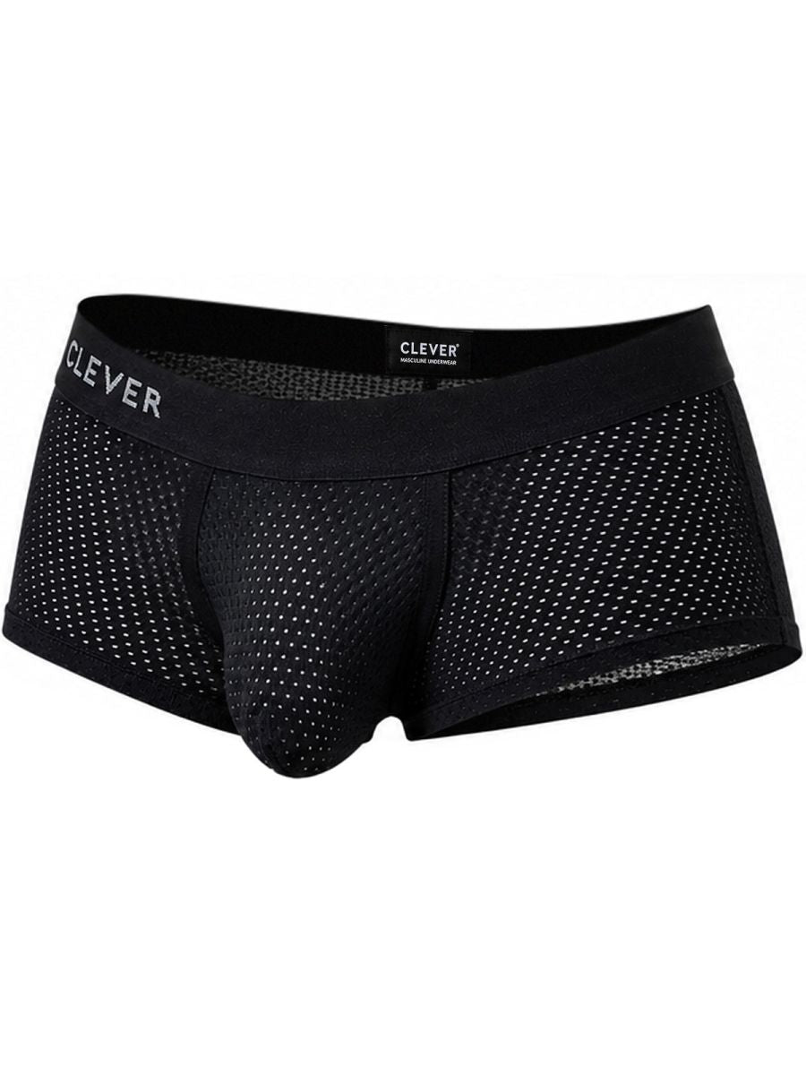 Black Clever Moda Ulises mesh trunks with a branded elastic waistband and contoured pouch.
