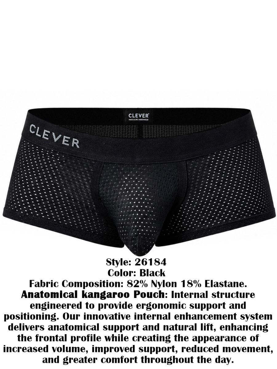 Clever Moda black mesh Ulises trunks with a contoured pouch and branded waistband.