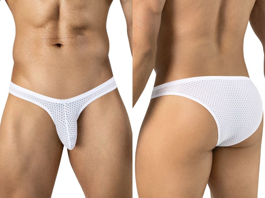 Clever Moda white mesh briefs shown from front and back on a male model.