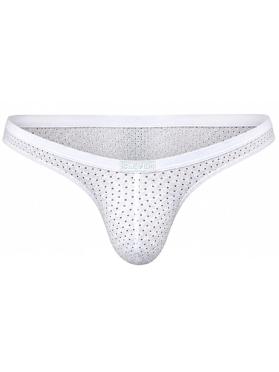 Clever Moda white mesh thong underwear featuring a branded waistband and perforated fabric pattern.