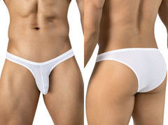 Clever Moda white mesh briefs shown from front and back on a male model.