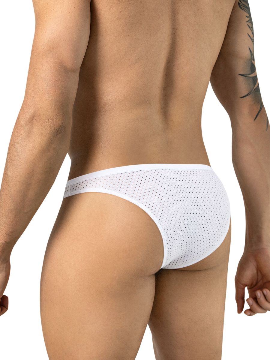 Rear view of a man wearing white Clever Moda Ulises briefs with a micro-perforated pattern.
