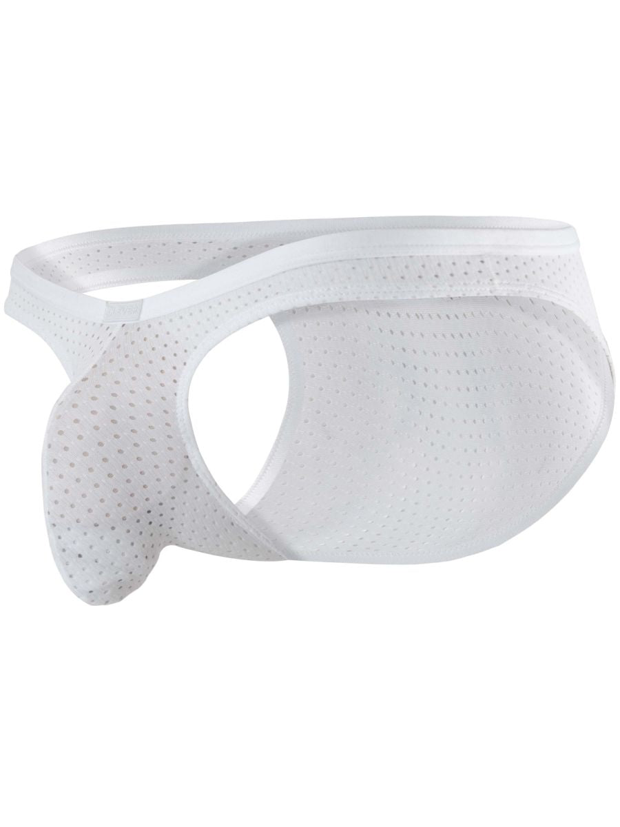 Clever Moda white mesh Ulises briefs featuring a cutout design and supportive pouch.