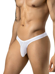 Clever Moda white mesh thong underwear worn by a model.