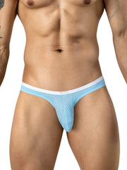 Clever Moda light blue mesh briefs with a contrasting white waistband worn on a man.