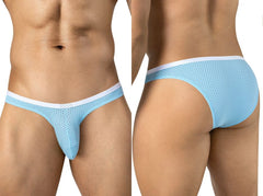 Front and back views of a model wearing light blue mesh briefs with a white waistband.