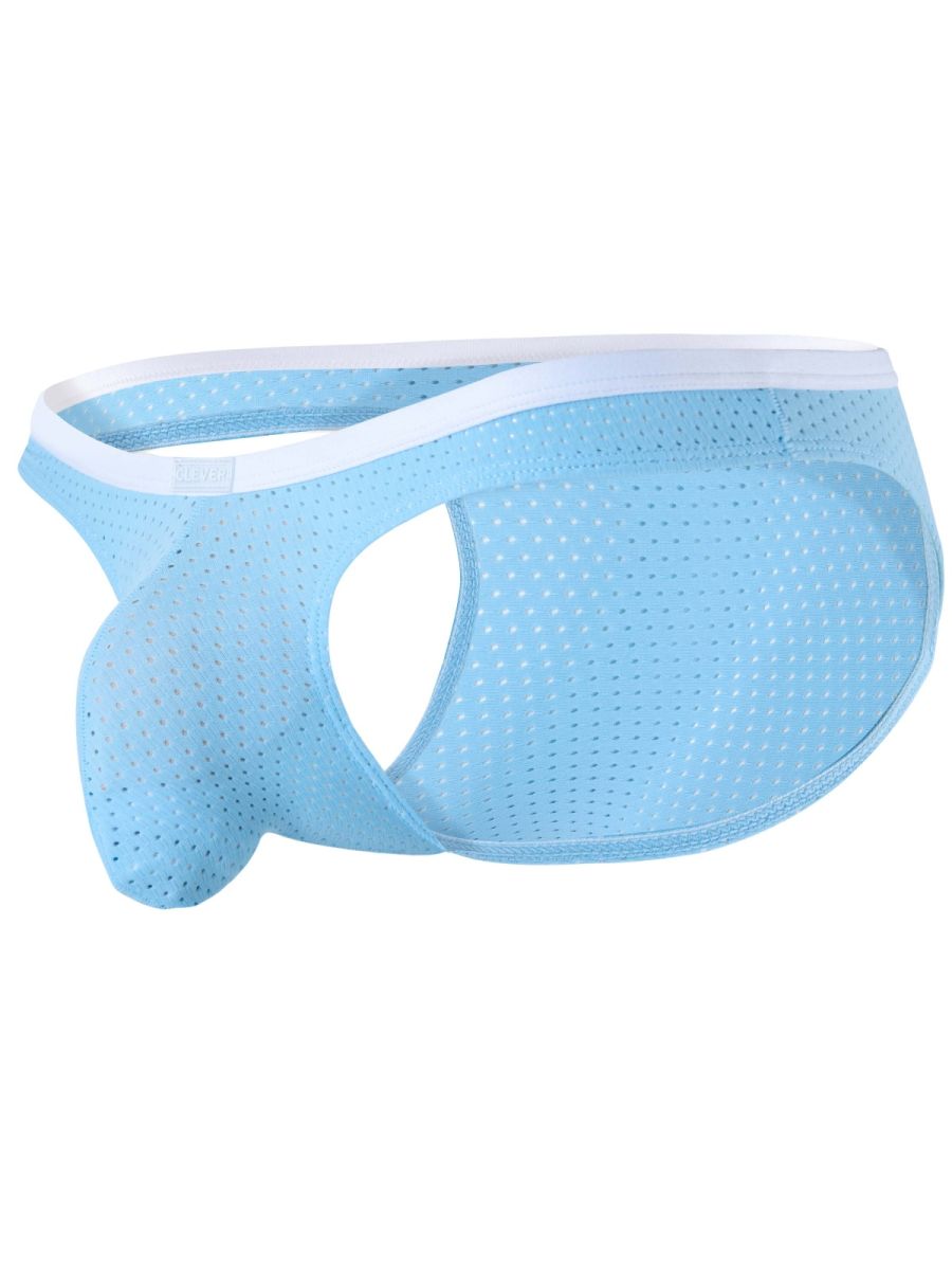 Clever Moda light blue mesh briefs with white waistband and cut-out design.