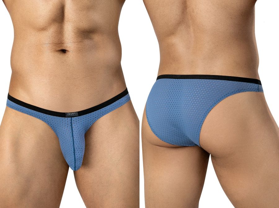 Clever Moda steel blue ergonomic briefs with black waistband shown from front and back.