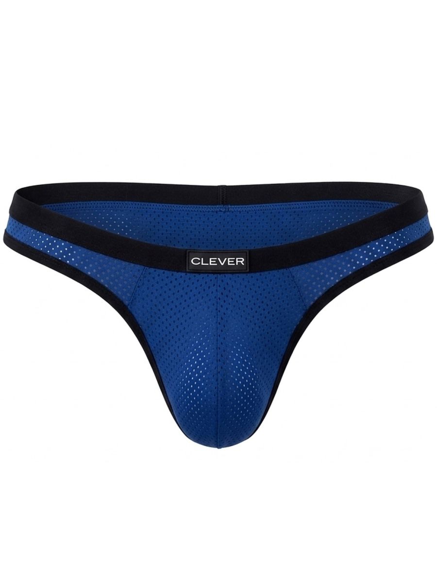 Clever Moda steel blue ergonomic briefs with a black waistband and small "CLEVER" logo patch.