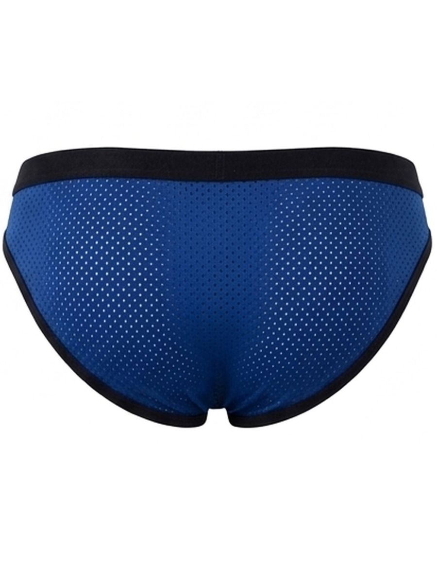 Rear view of Clever Moda steel blue mesh briefs with black trim and waistband.