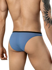 Rear view of a man wearing steel blue mesh ergonomic briefs with a black waistband.