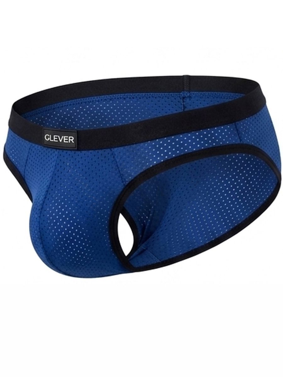 Steel blue ergonomic mesh briefs with black trim and waistband featuring the Clever logo.