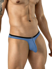 Clever Moda steel blue ergonomic mesh briefs with black waistband on a man.
