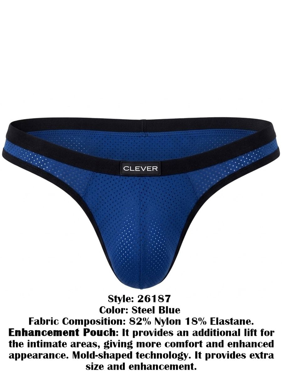 Steel blue mesh ergonomic briefs with black waistband and centered CLEVER logo patch.