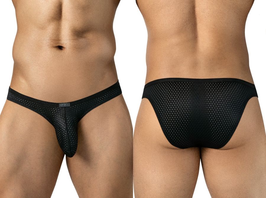 Front and back views of a model wearing black mesh Ulises briefs.