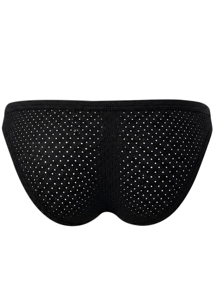 Clever Moda 26188 men's black mesh briefs shown from the back, featuring a dotted pattern.