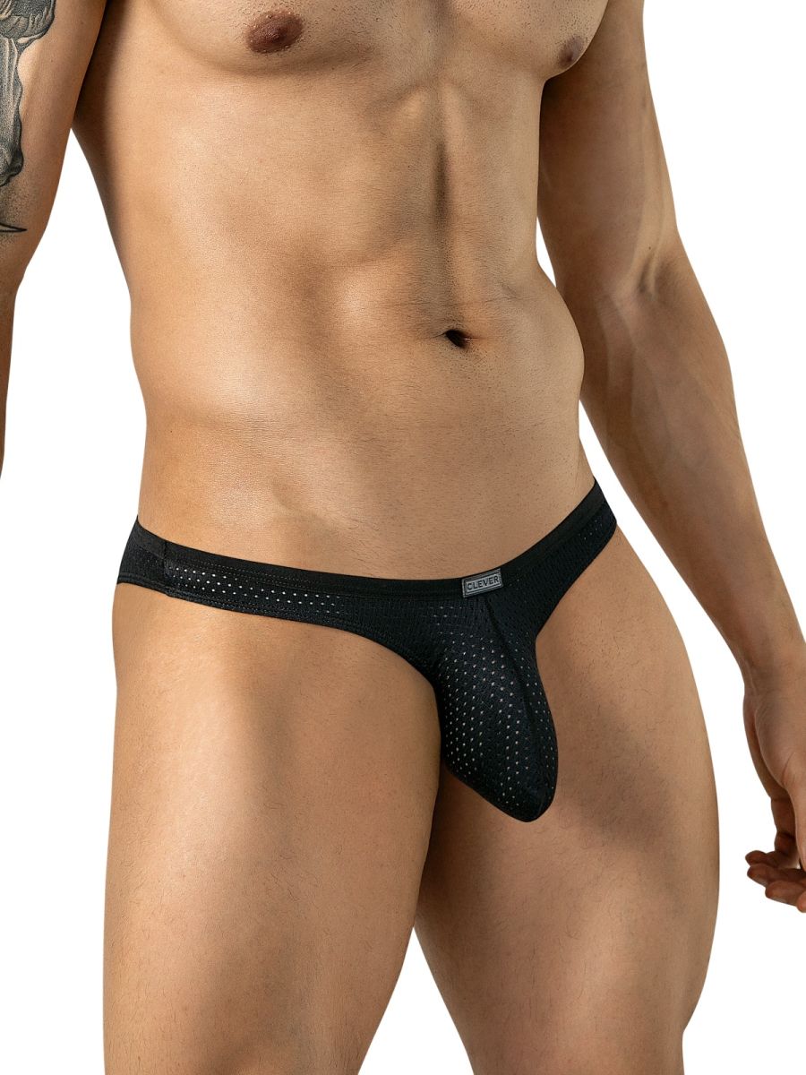 Clever Moda black mesh brief style underwear on a male model.