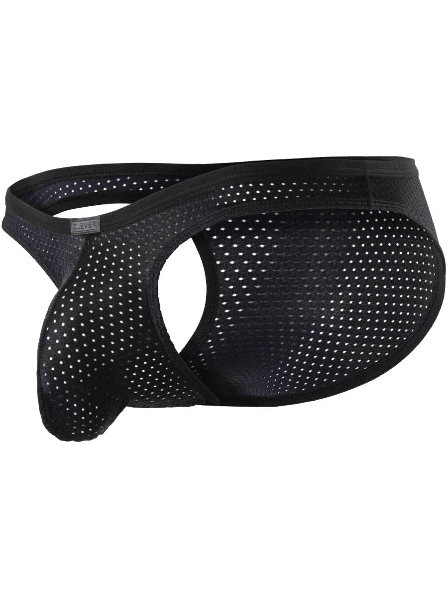 Black mesh men's ultra-minimalist briefs with a cutout design and polka-dot pattern.