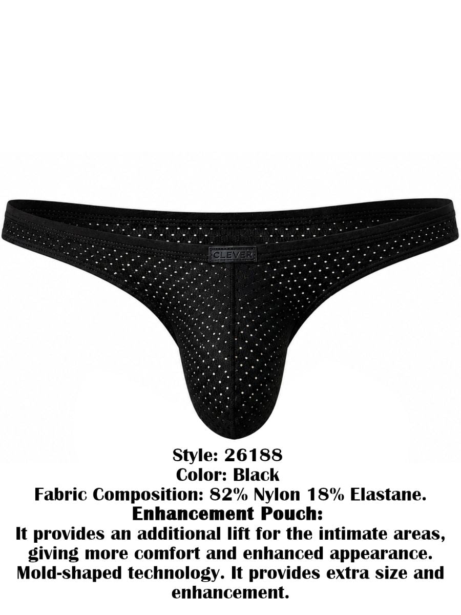 Black Clever Moda Ulises briefs with dotted mesh pattern and front waistband logo patch.