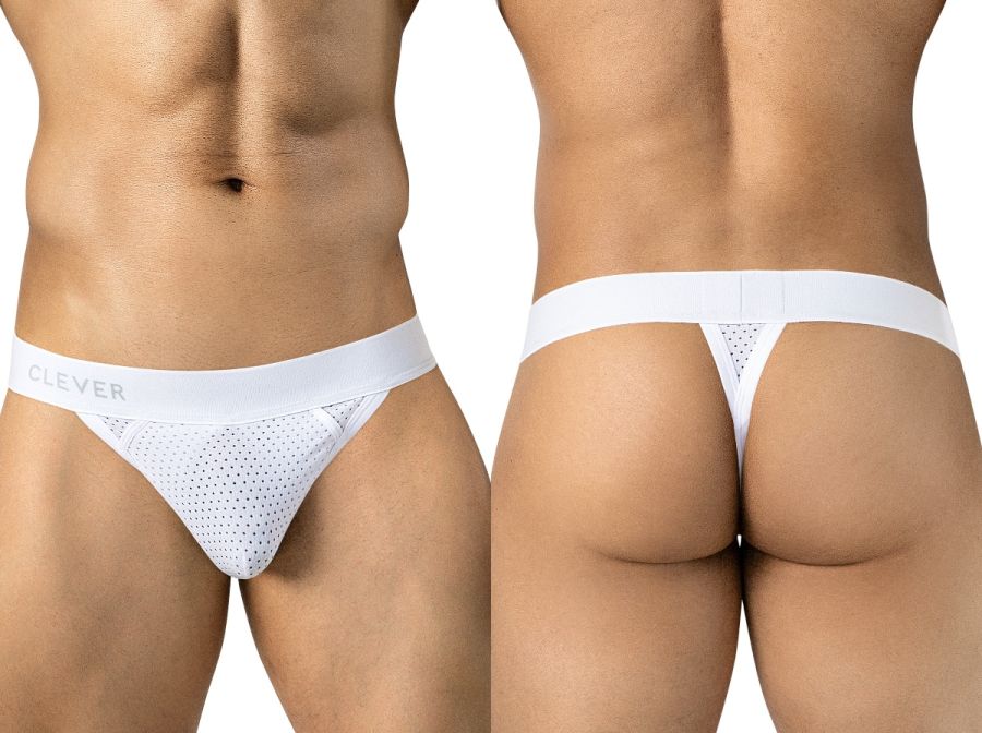 Clever Moda white mesh thong underwear, shown front and back, featuring a branded elastic waistband.