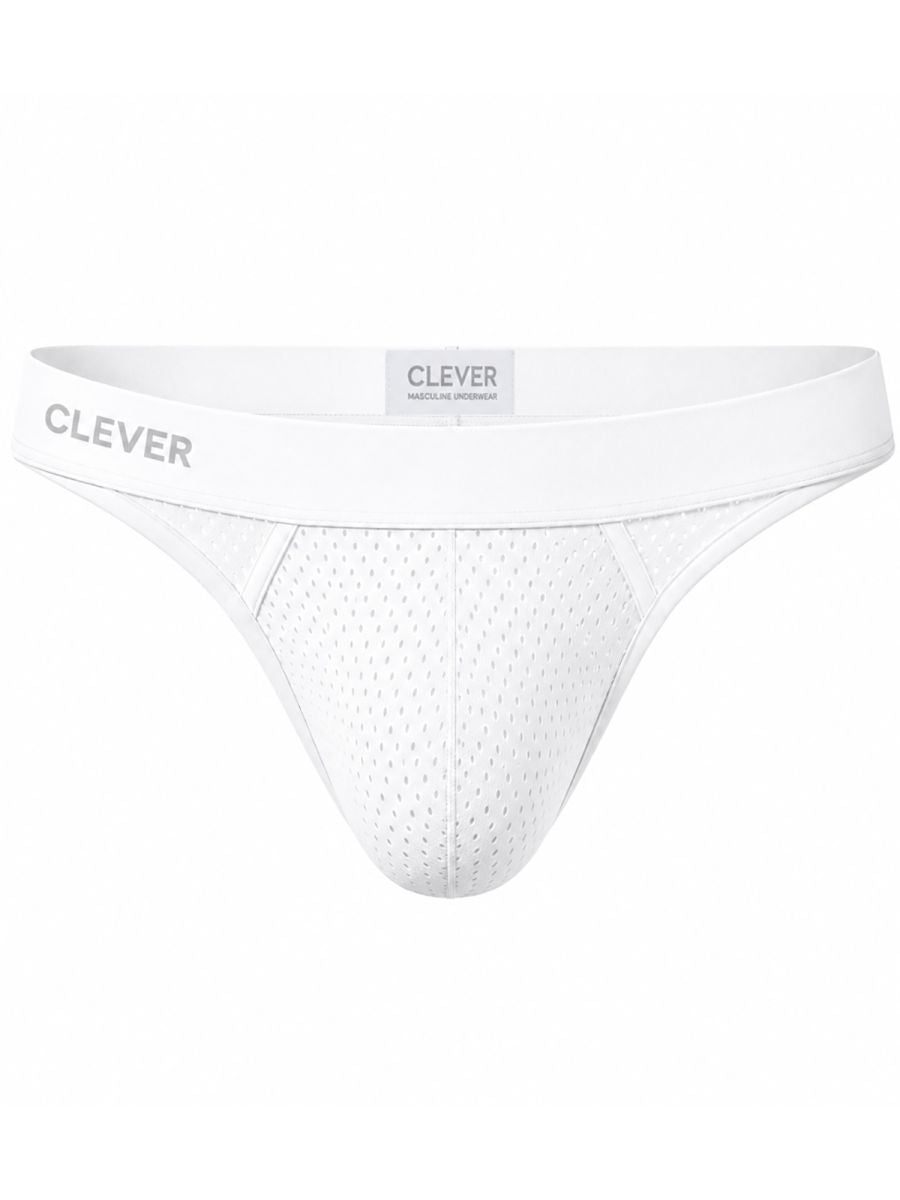 White mesh men's thong with a thick elastic waistband featuring the Clever logo.