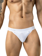 Clever Moda white mesh thong underwear featuring a branded elastic waistband on a male model.