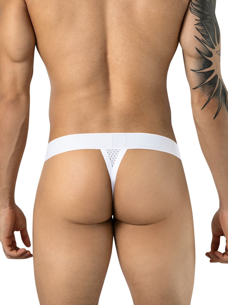 Rear view of a man wearing white Clever Moda Ulises thongs with a mesh panel detail on the back.