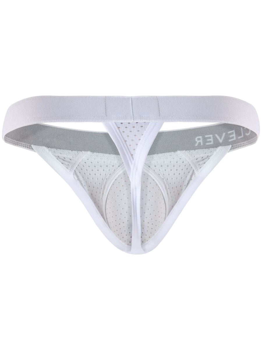 Clever Moda white mesh thong underwear featuring a wide waistband with brand lettering.