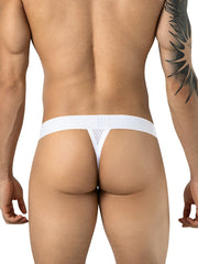 Rear view of a man wearing white Clever Moda Ulises thongs with a mesh panel detail on the back.