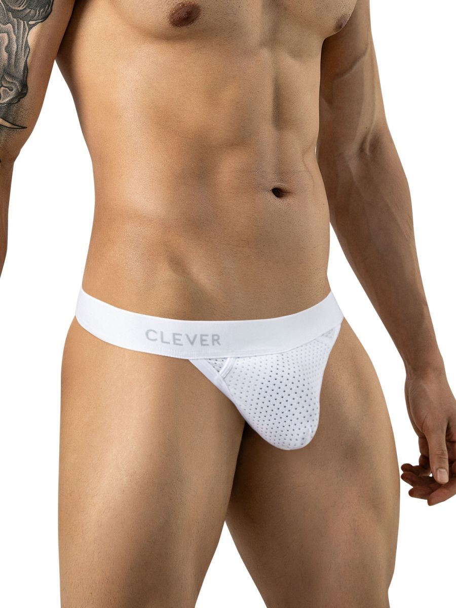 Man wearing white mesh thong with a logo waistband.