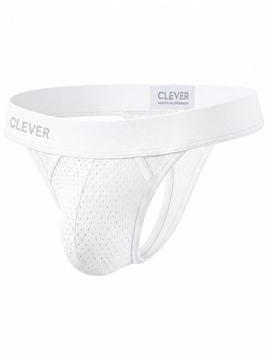 Clever Moda white mesh thong with a wide branded elastic waistband.