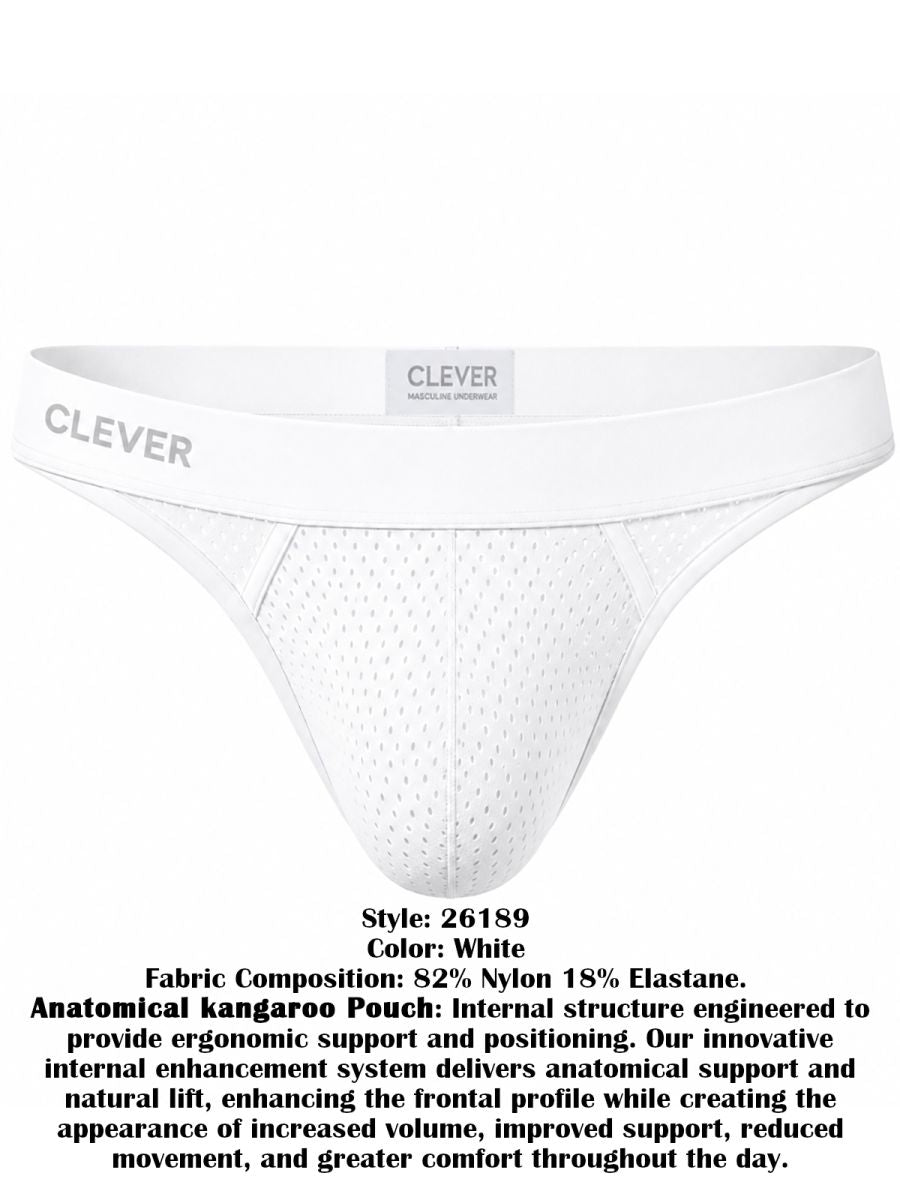 White Clever men's thong underwear with a mesh pouch and branded elastic waistband.
