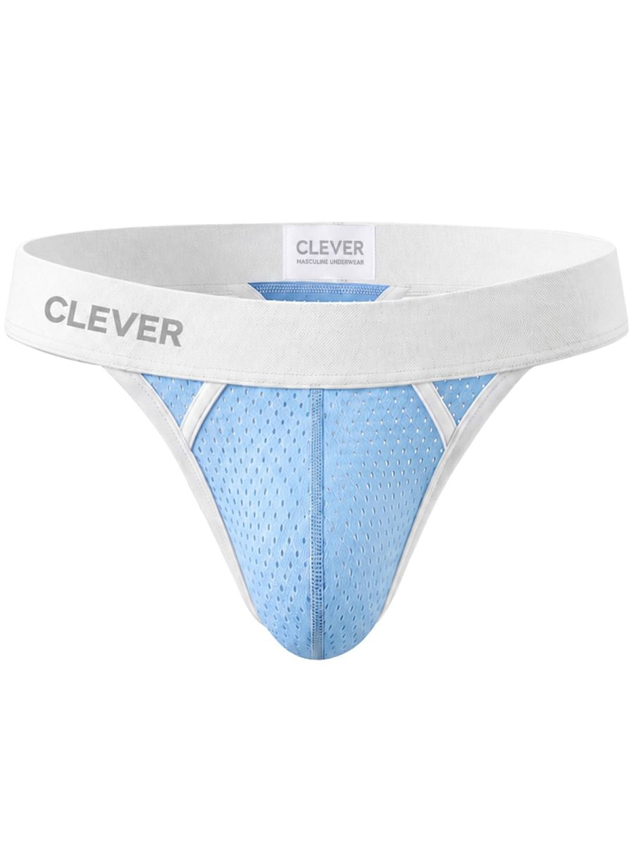 Light blue mesh men's thong with a white elastic waistband featuring the Clever brand logo.