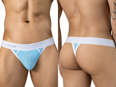Front and back views of a man wearing light blue mesh thongs with a wide white waistband.