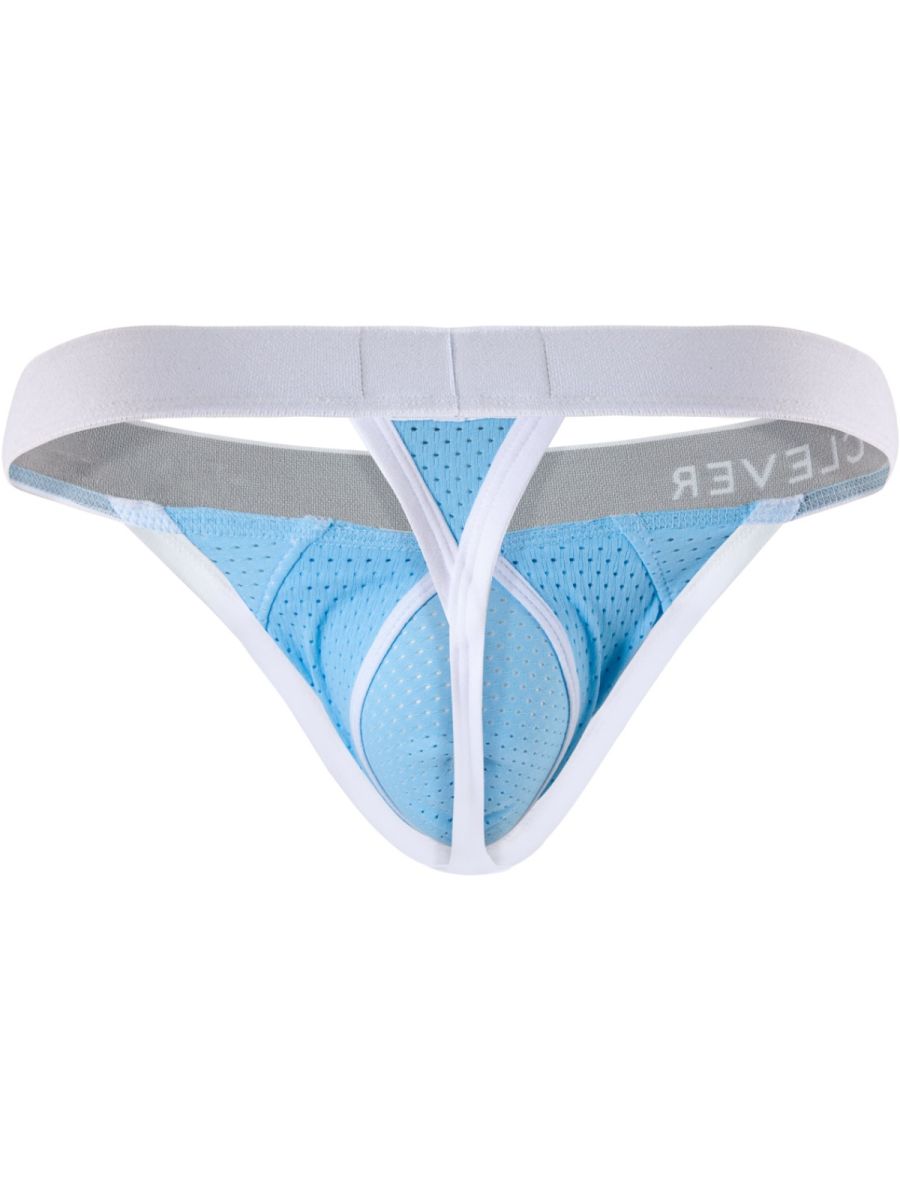 Light blue mesh ergonomic thong underwear with a wide white waistband.