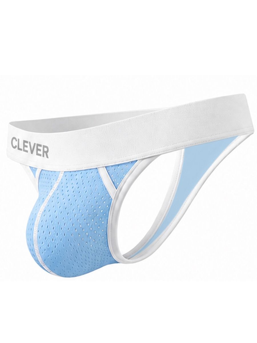 Light blue mesh men's thong with white trim and a thick waistband featuring the Clever logo.
