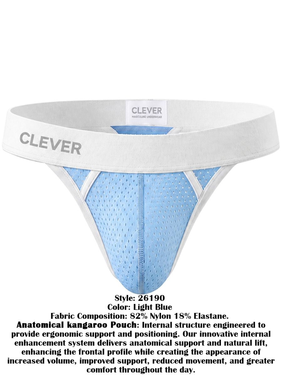 Clever Moda light blue mesh ergonomic thong with a thick white waistband featuring the brand logo.