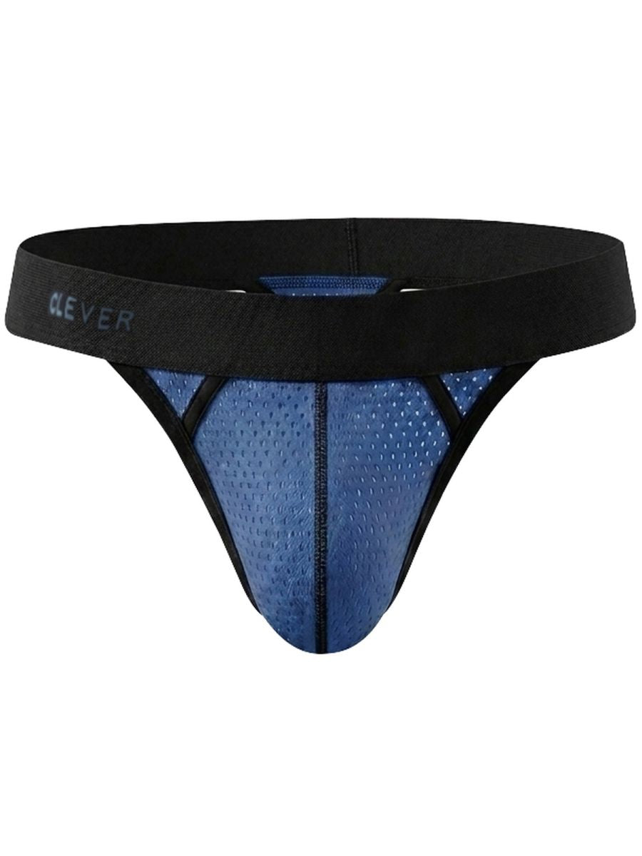 Steel blue mesh thong with a thick black waistband featuring the brand name CLEVER.