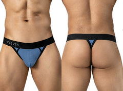 Clever Moda steel blue mesh thong with a black elastic waistband featuring the brand logo, shown front and back.
