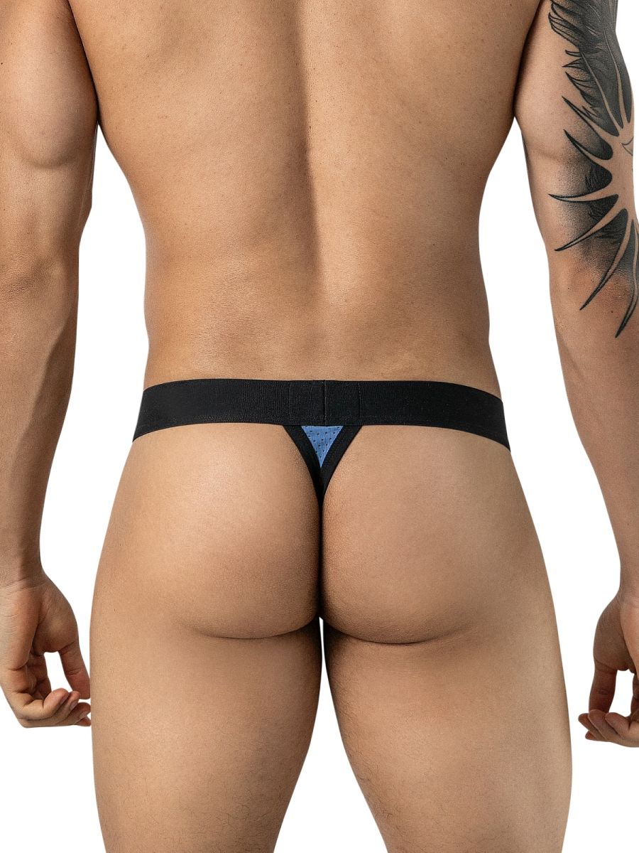 Rear view of a man wearing Clever Moda steel blue thong underwear with a wide black waistband.