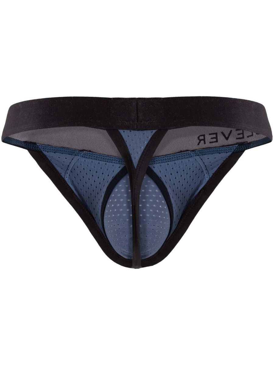 Steel blue mesh thong with black trim and a black waistband.
