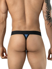 Rear view of a man wearing Clever Moda steel blue thong underwear with a wide black waistband.
