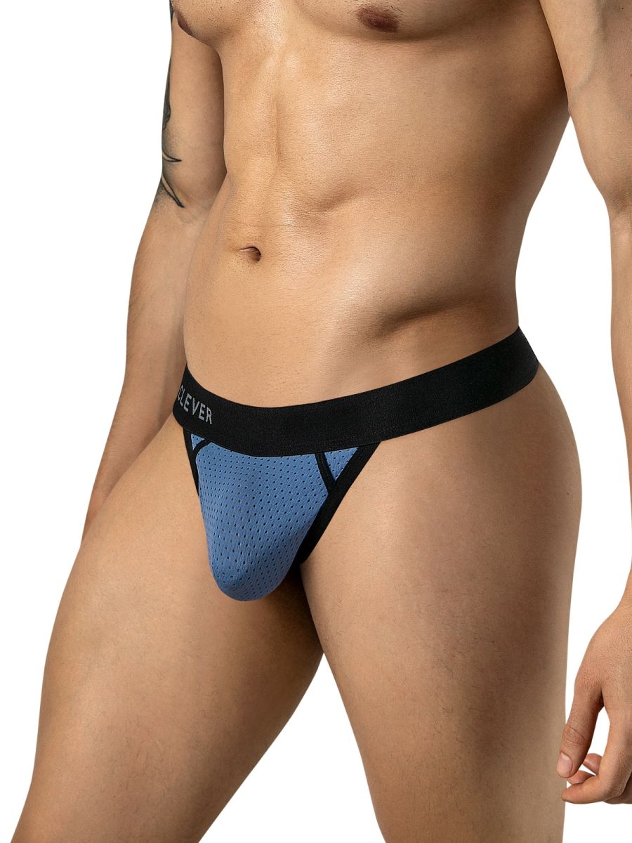 Steel blue mesh thong with black trim and a wide black waistband worn by a man.