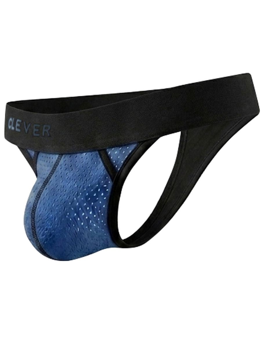 Clever Moda steel blue thong with black waistband, featuring perforated blue fabric and black trim.