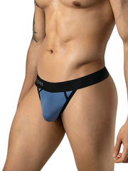 Steel blue mesh thong with black trim and a wide black waistband worn by a man.