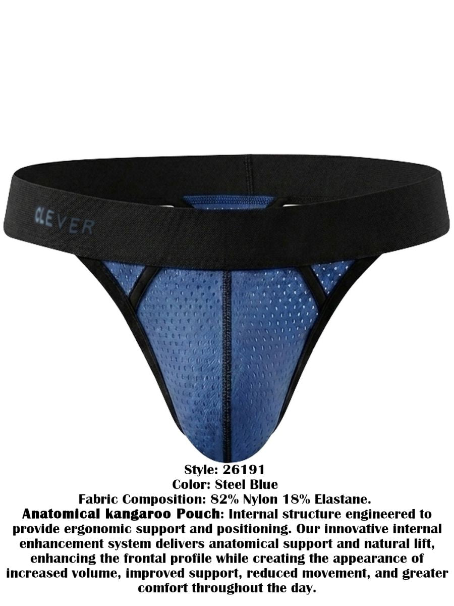 Clever Moda steel blue mesh thong with a wide black elastic waistband and black trim.