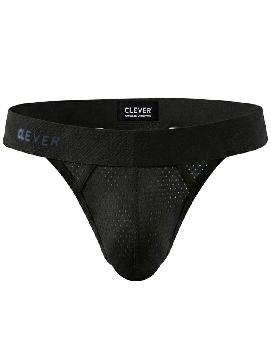 Black mesh men's thong underwear with a wide branded elastic waistband.