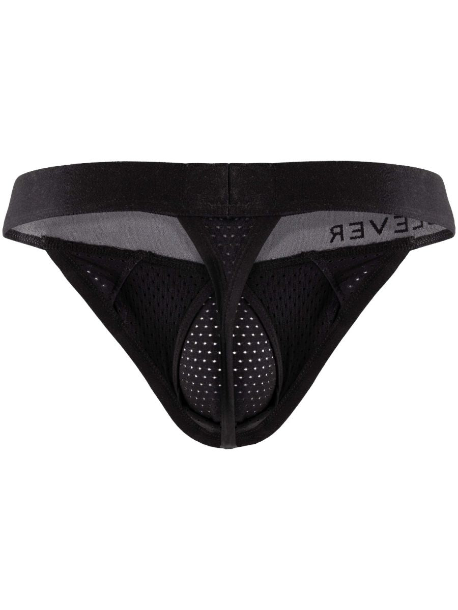 Black mesh thong underwear featuring a contoured pouch and wide elastic waistband.