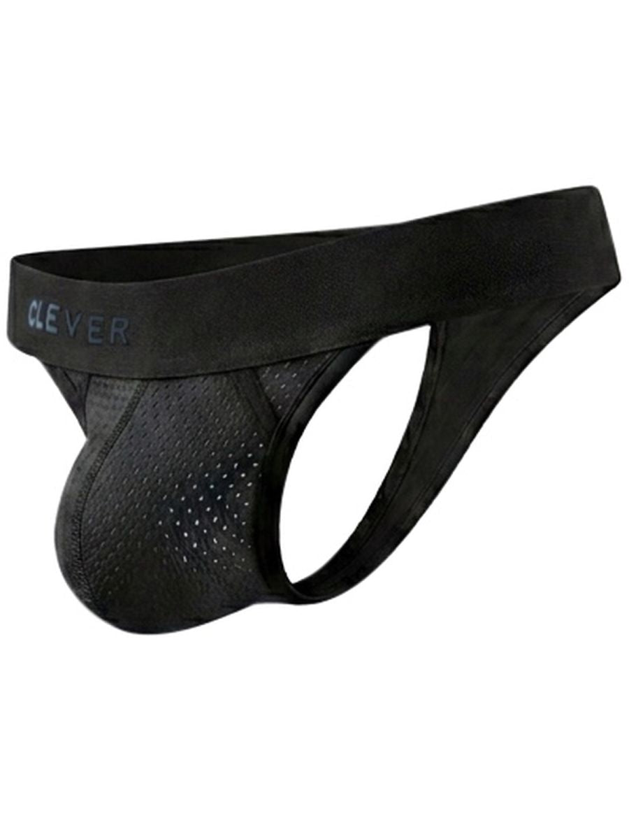 Black Clever Moda men's thong underwear in perforated mesh fabric with a branded waistband.